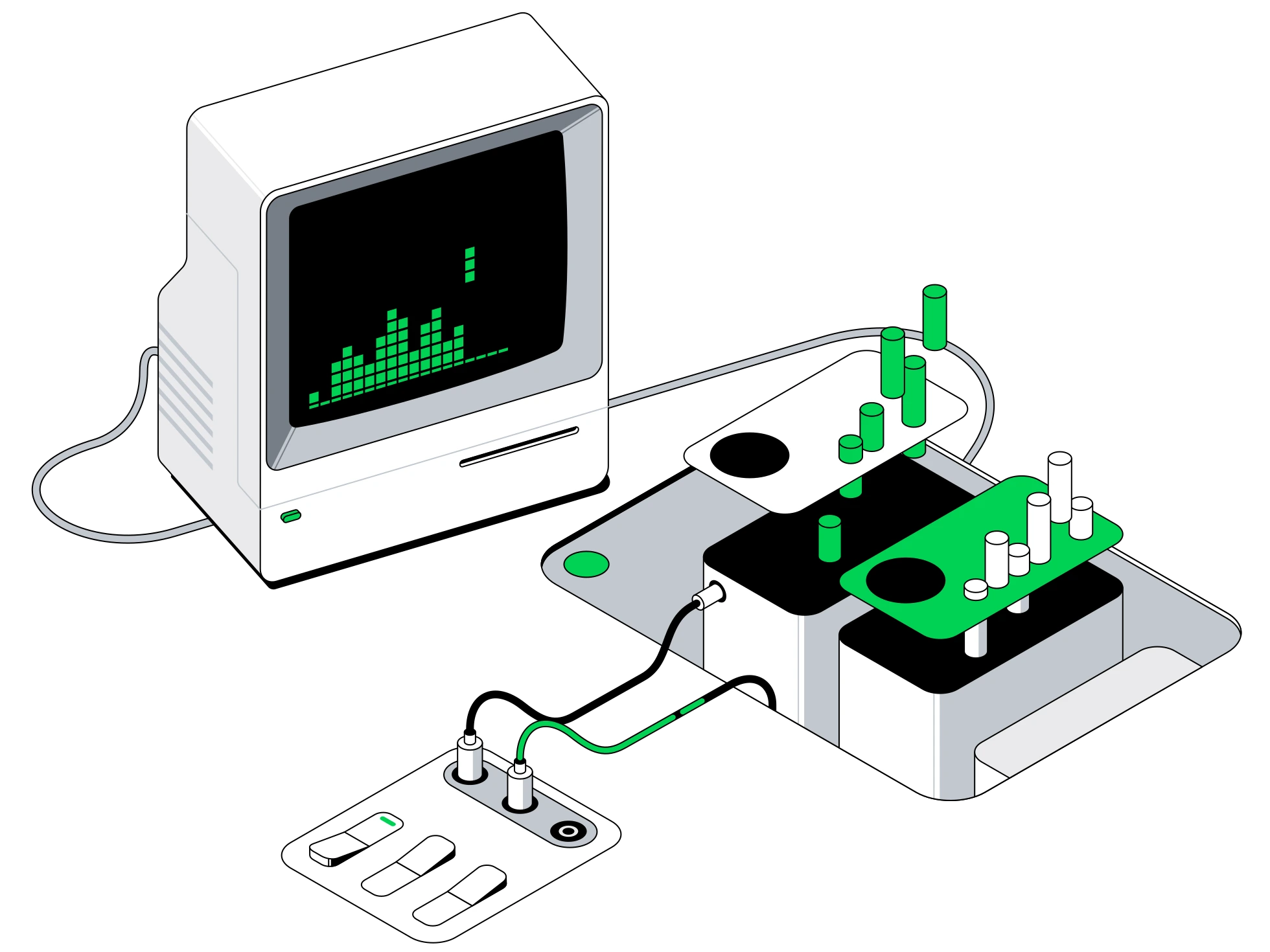 Ilustração de integração entre dispositivos, APIs e aplicações